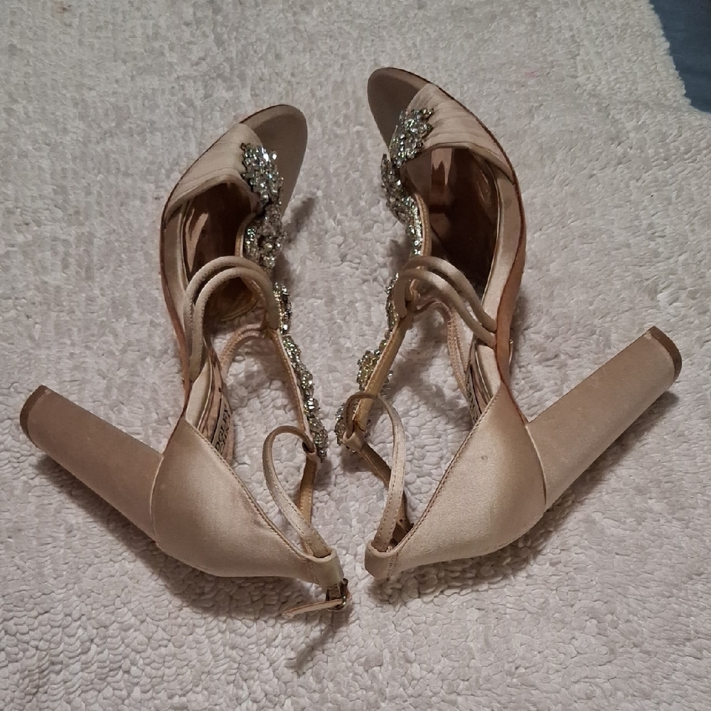 Badgley Mischka Champagne Satin Crystal T-Strap Heels - Picture 4 of 10